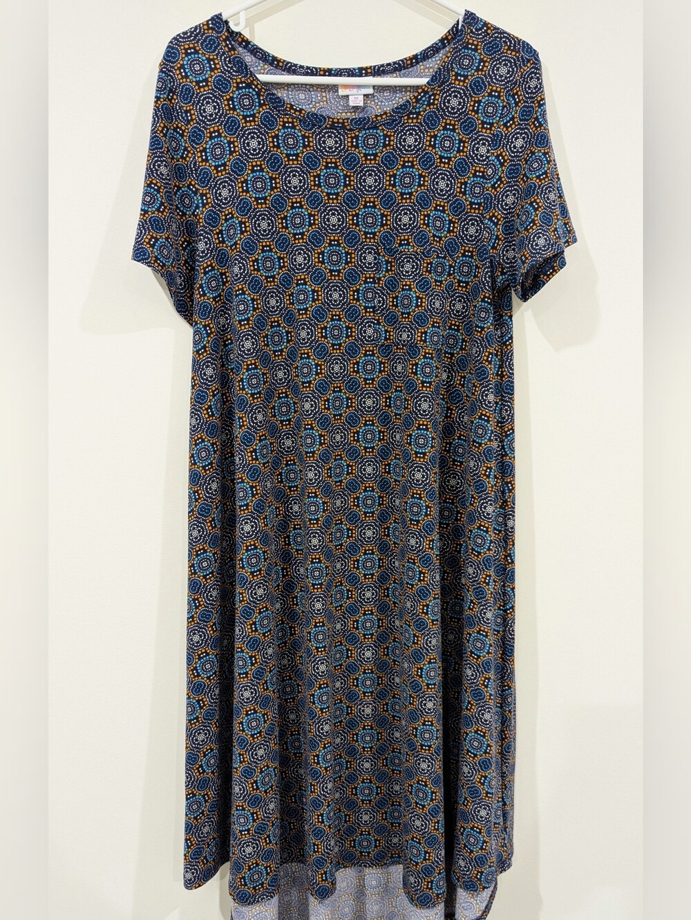 LuLaRoe Geometric Midi Dress with Blue & Orange Motif